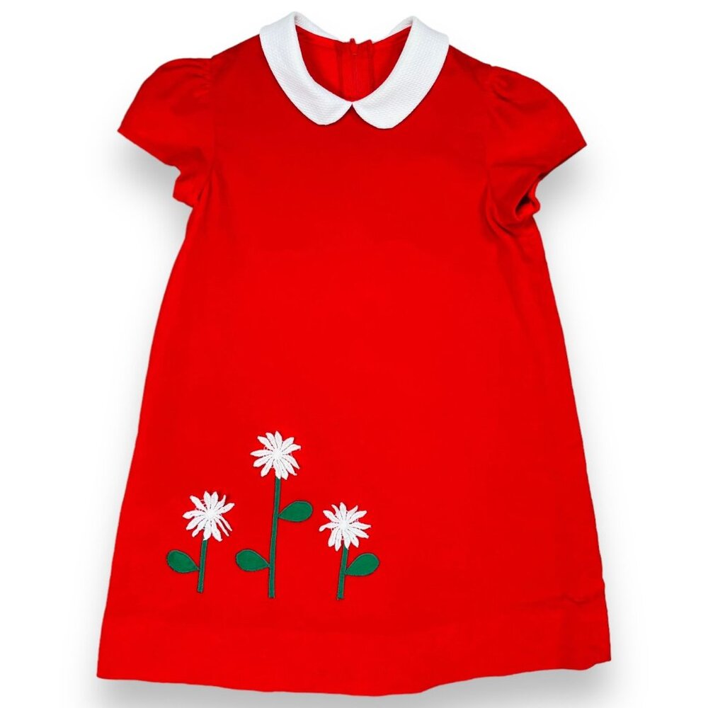 Vintage Neiman Marcus Girls Red Velvet Floral Appliqué Collared Dress 4 - 5